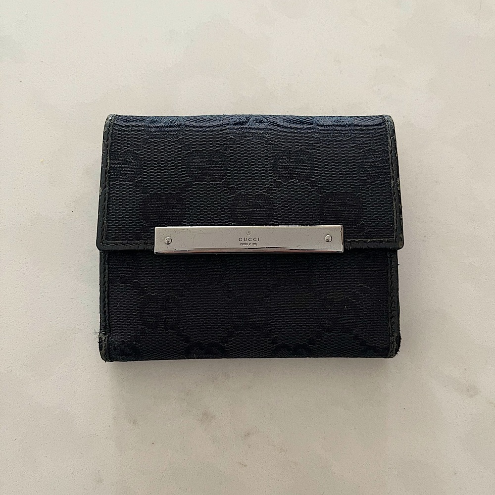 Vintage Gucci GG Monogram Bifold Card Case Wallet with Coin Purse Black